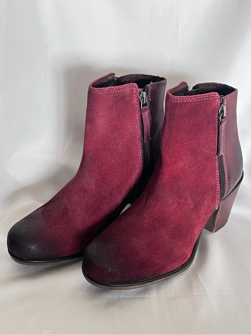 ROAN Lina Burgundy Red Suede Leather Women’s Ankle Boots Booties  Zip Heel